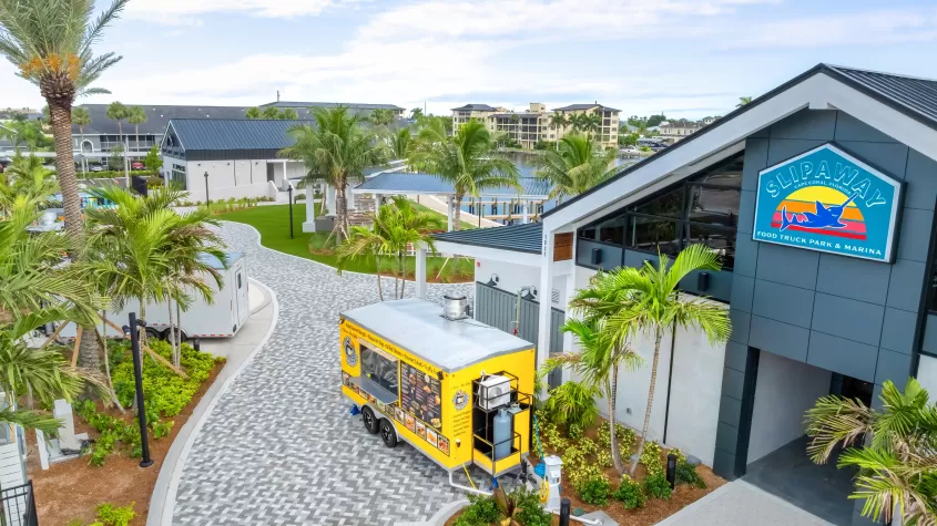 10 food trucks offering a variety of dining options at Slipaway Food Truck Park & Marina